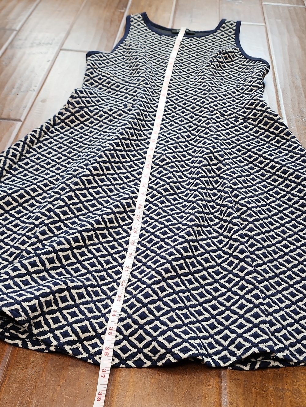Karen Kane Womens Sleeveless Blue Cream Diamond Print Round Neck Dress Large - Picture 6 of 8